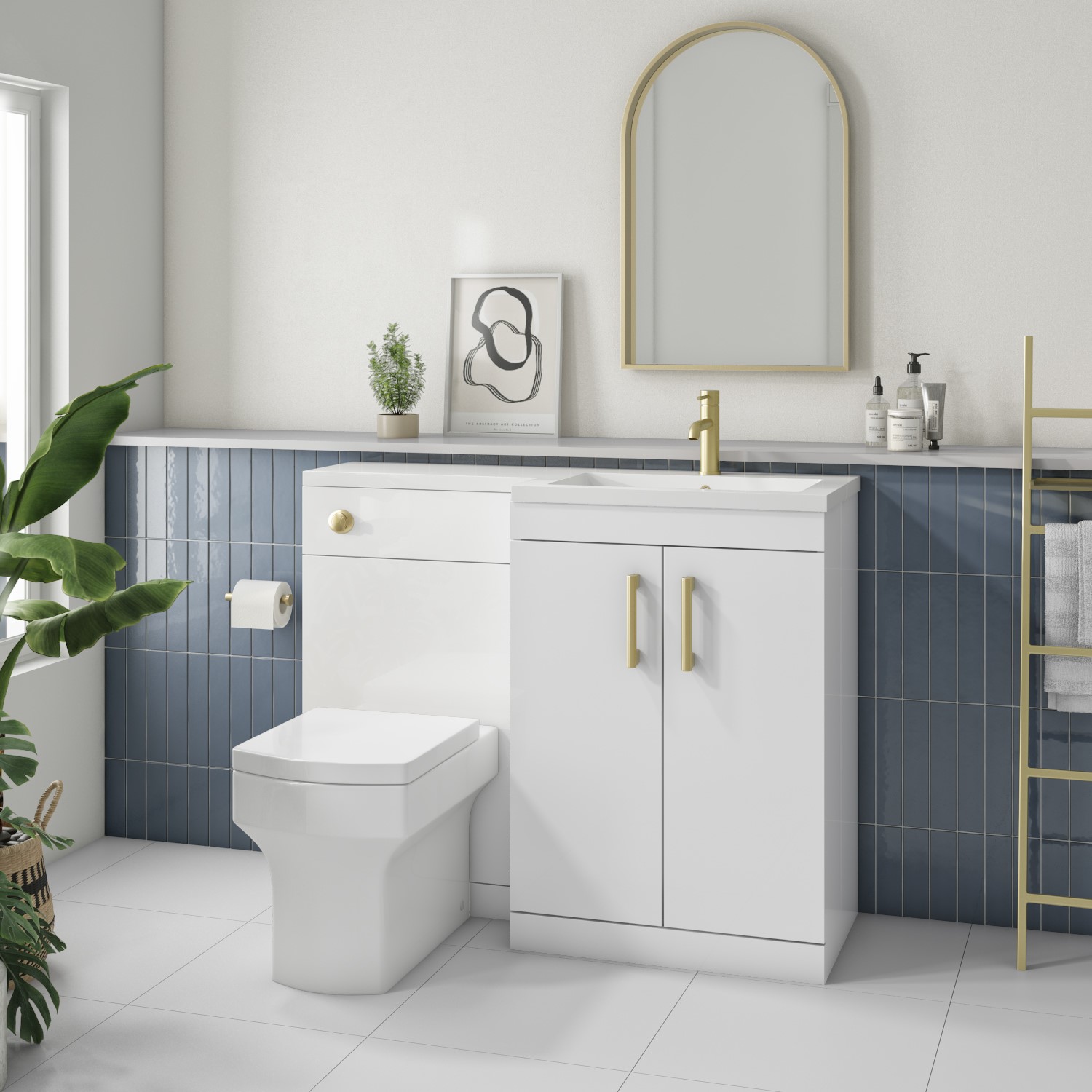 1100mm White Toilet and Sink Unit Right Hand with Round Toilet and Brass Fittings - Ashford