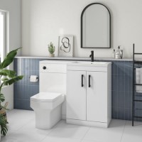 1100mm White Toilet and Sink Unit Right Hand with Square Toilet and Black Fittings - Ashford