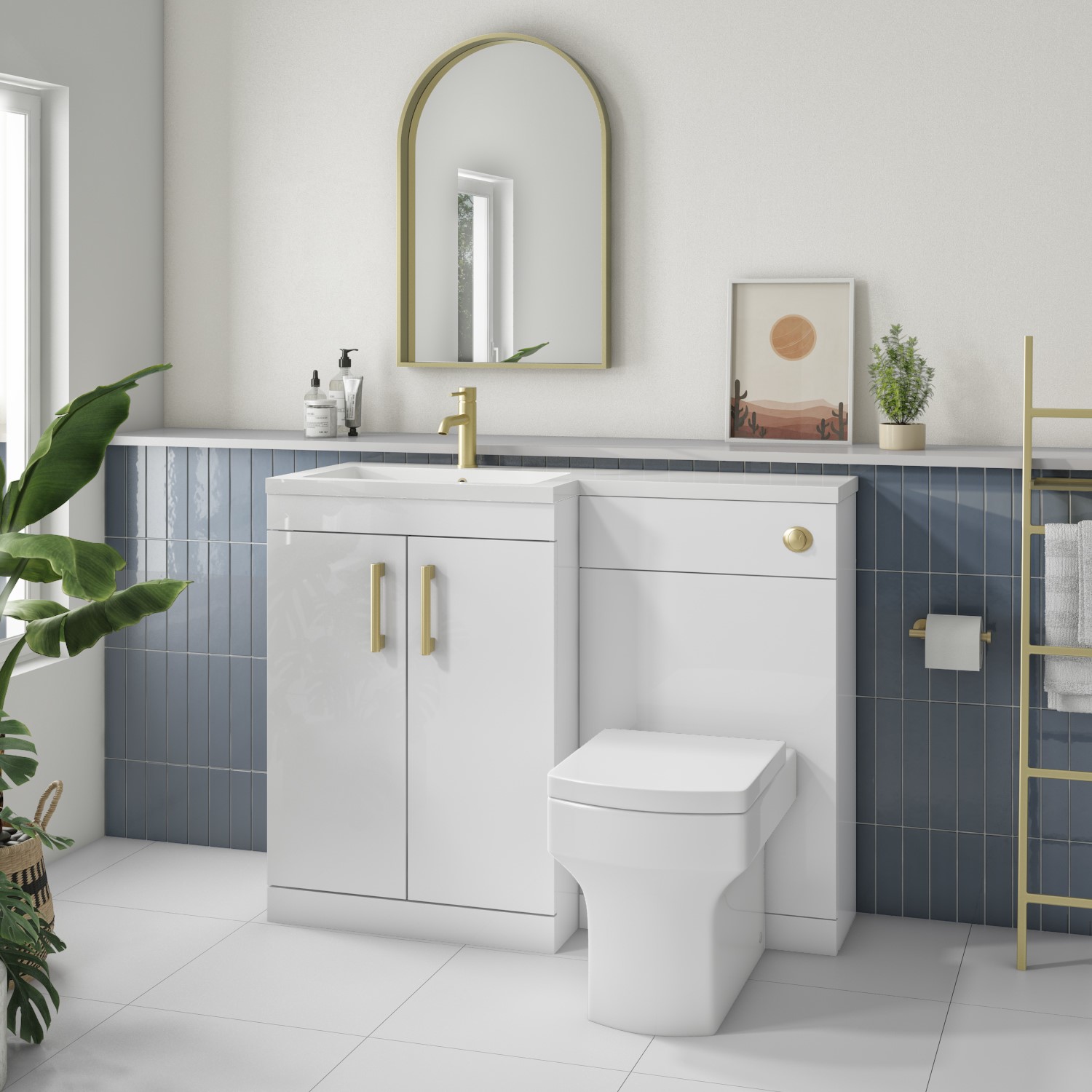1100mm White Toilet and Sink Unit Left Hand with Round Toilet and Brass Fittings - Ashford