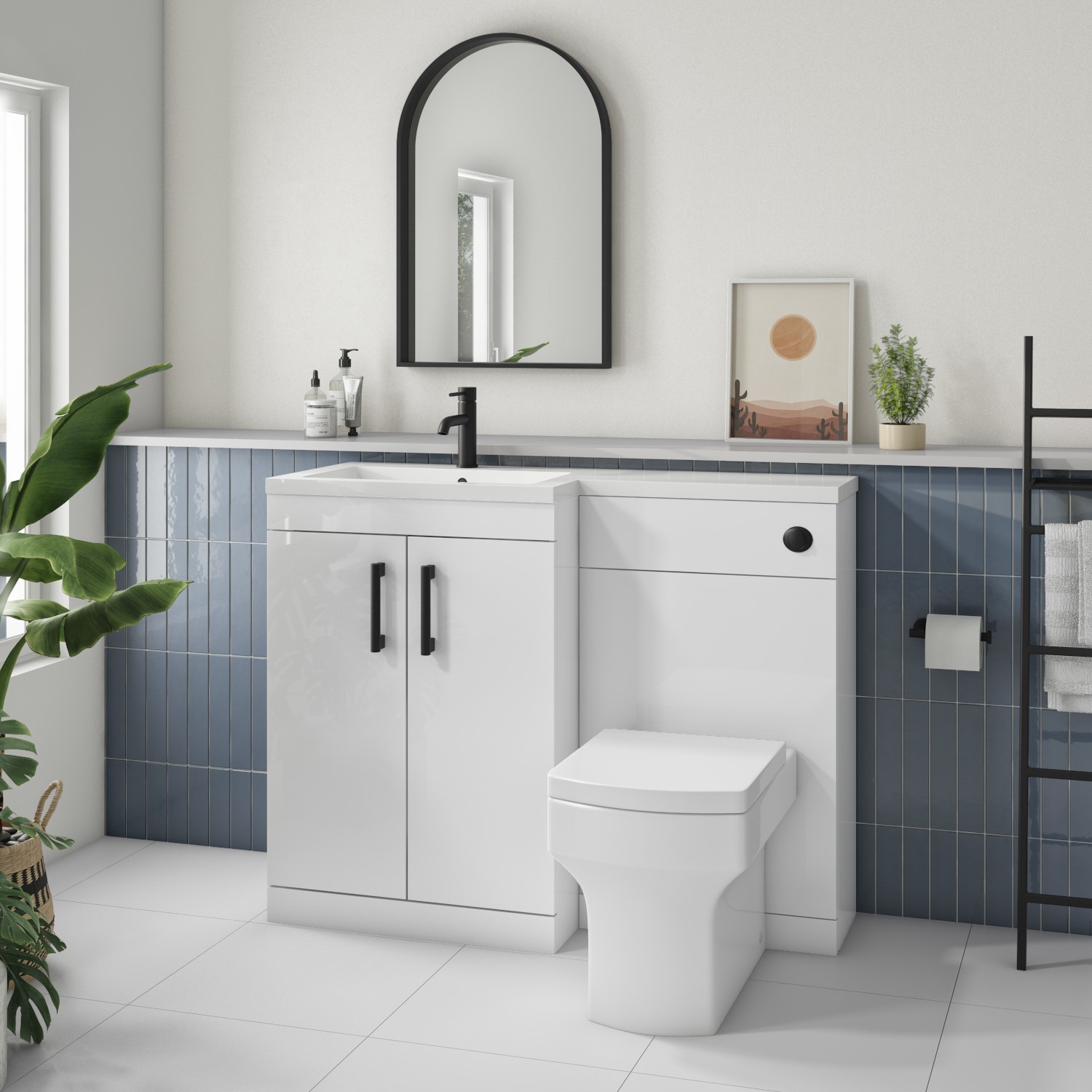 1100mm White Toilet and Sink Unit Left Hand with Round Toilet and Black Fittings - Ashford