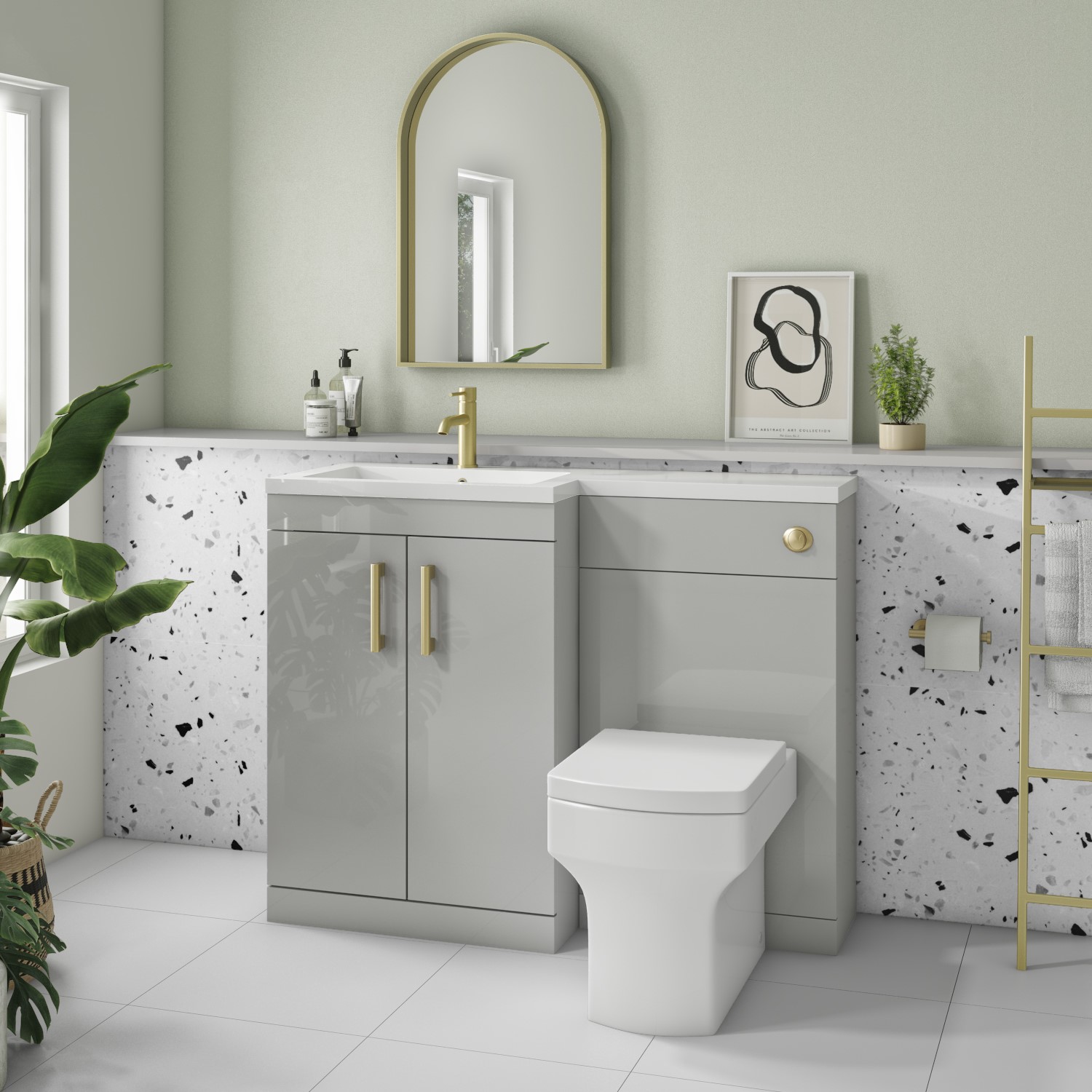 1100mm Grey Toilet and Sink Unit Left Hand with Round Toilet and Brass Fittings - Ashford