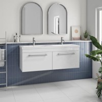 1200mm White Wall Hung Double Vanity Unit with Basins and Chrome Handles - Ashford 