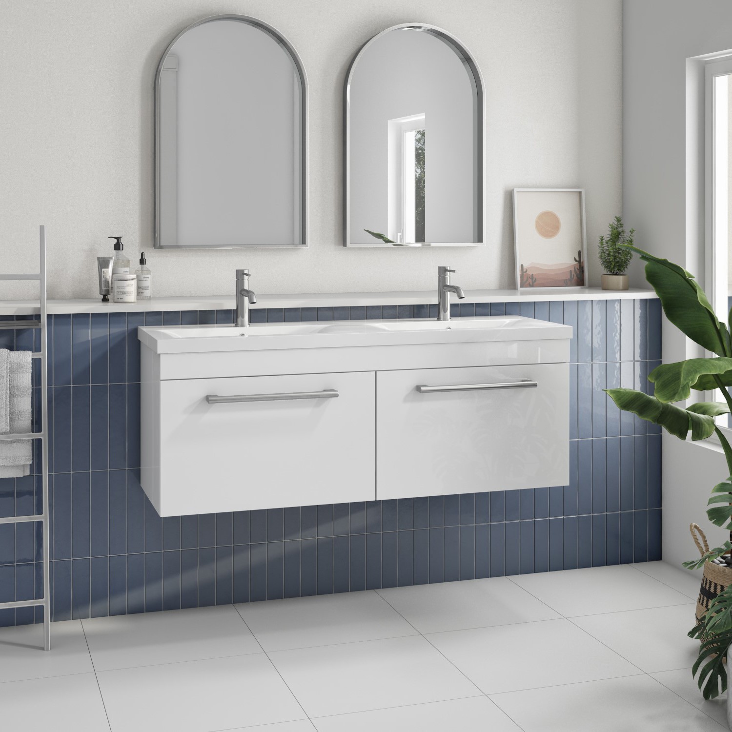 1200mm White Wall Hung Double Vanity Unit with Basin and Chrome Handles - Ashford