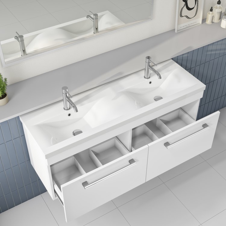 1200mm White Wall Hung Double Vanity Unit with Basins and Chrome Handles - Ashford 