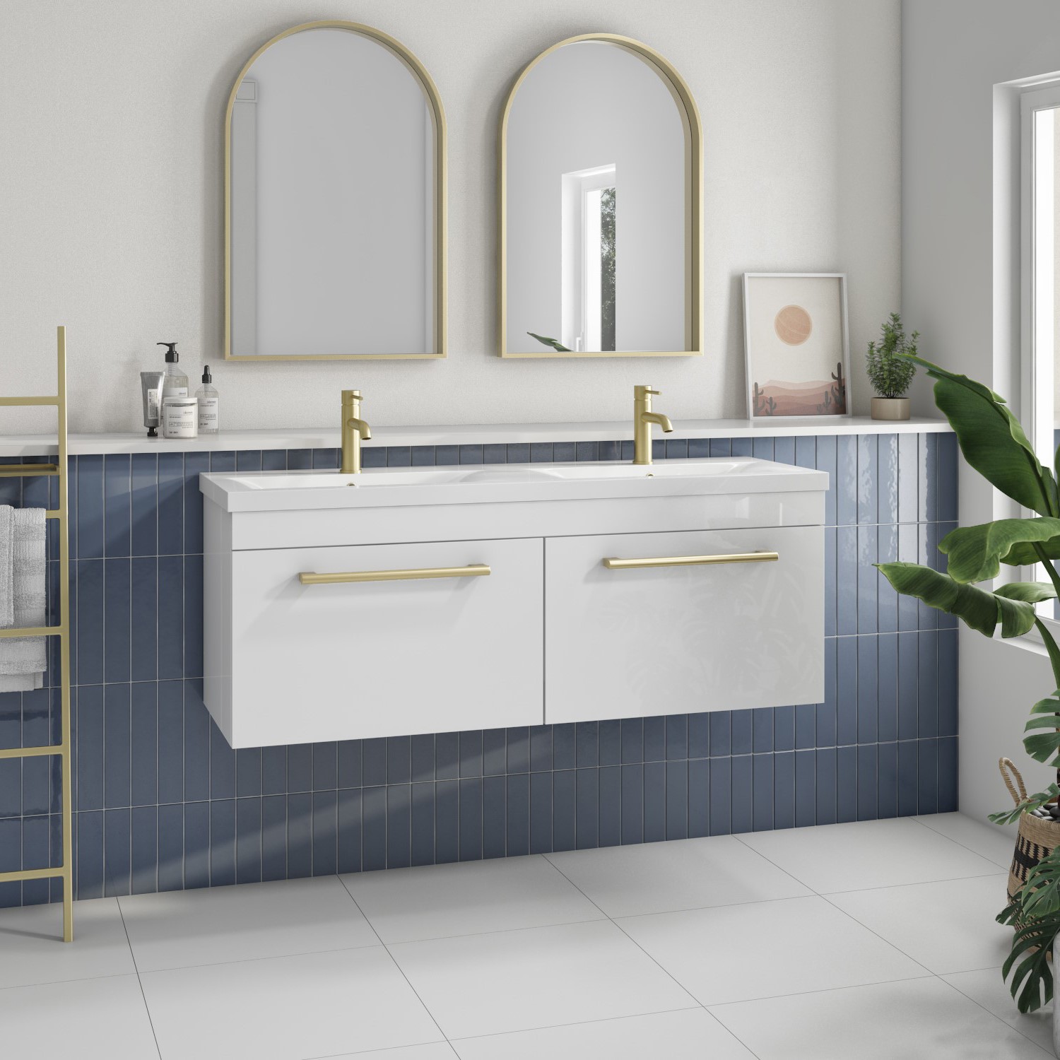 1200mm White Wall Hung Double Vanity Unit with Basin and Brushed Brass Handles - Ashford
