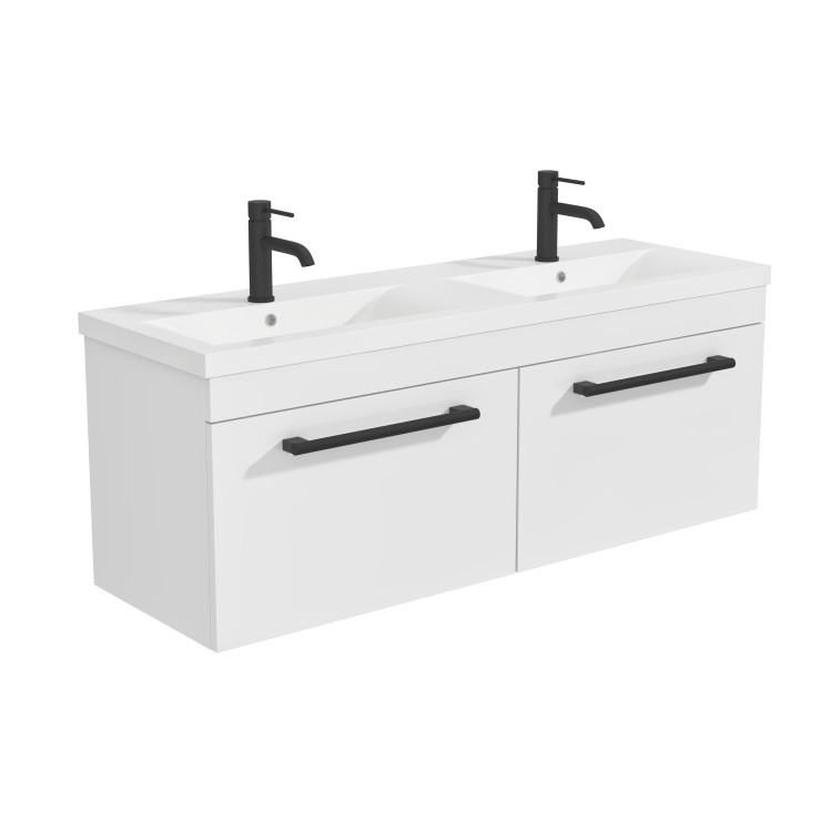 1200mm White Wall Hung Double Vanity Unit with Basin and Black Handles - Ashford 