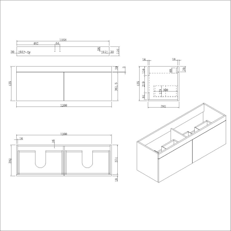 1200mm White Wall Hung Double Vanity Unit with Basin and Black Handles - Ashford 