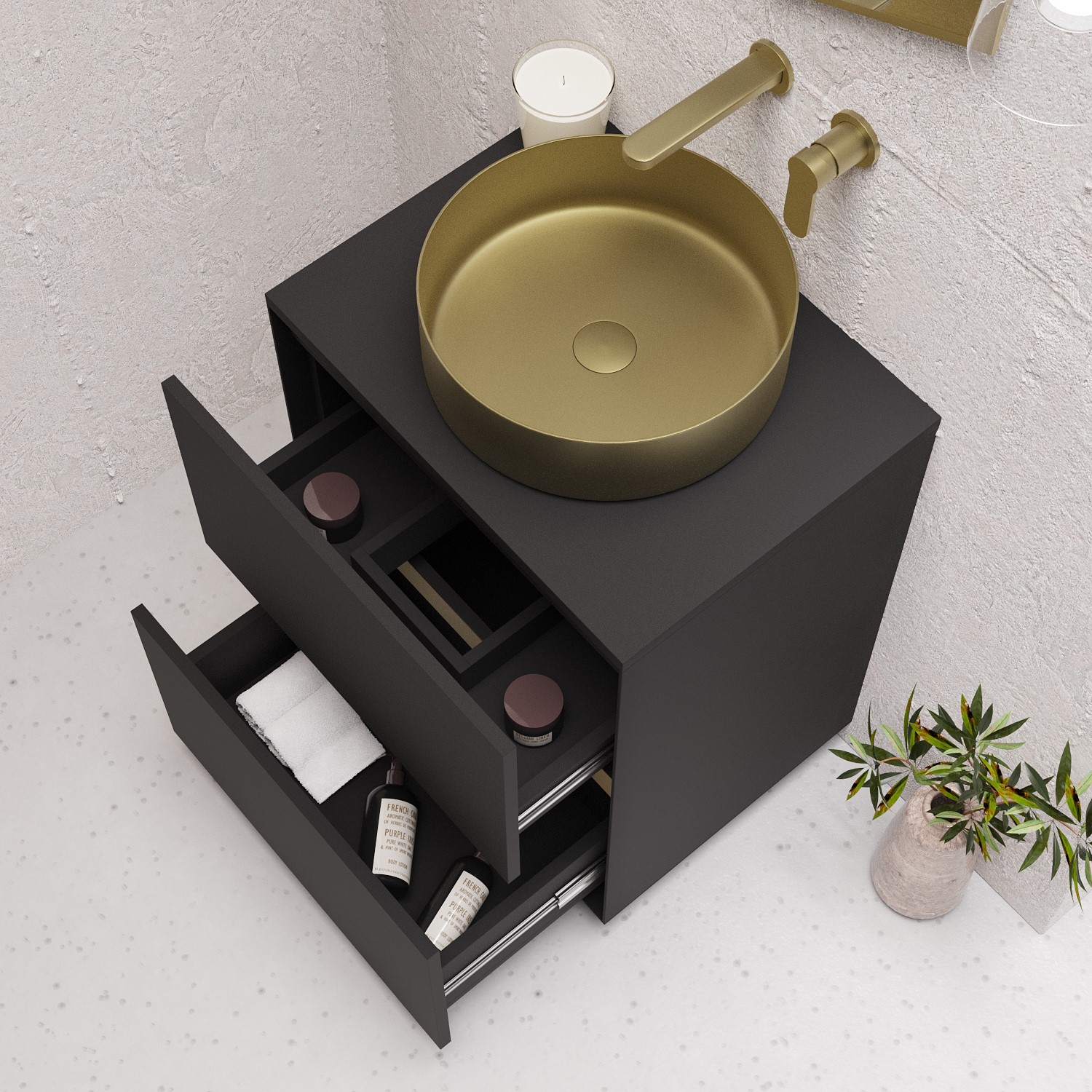600mm Black Freestanding Countertop Vanity Unit with Basin Roxbi