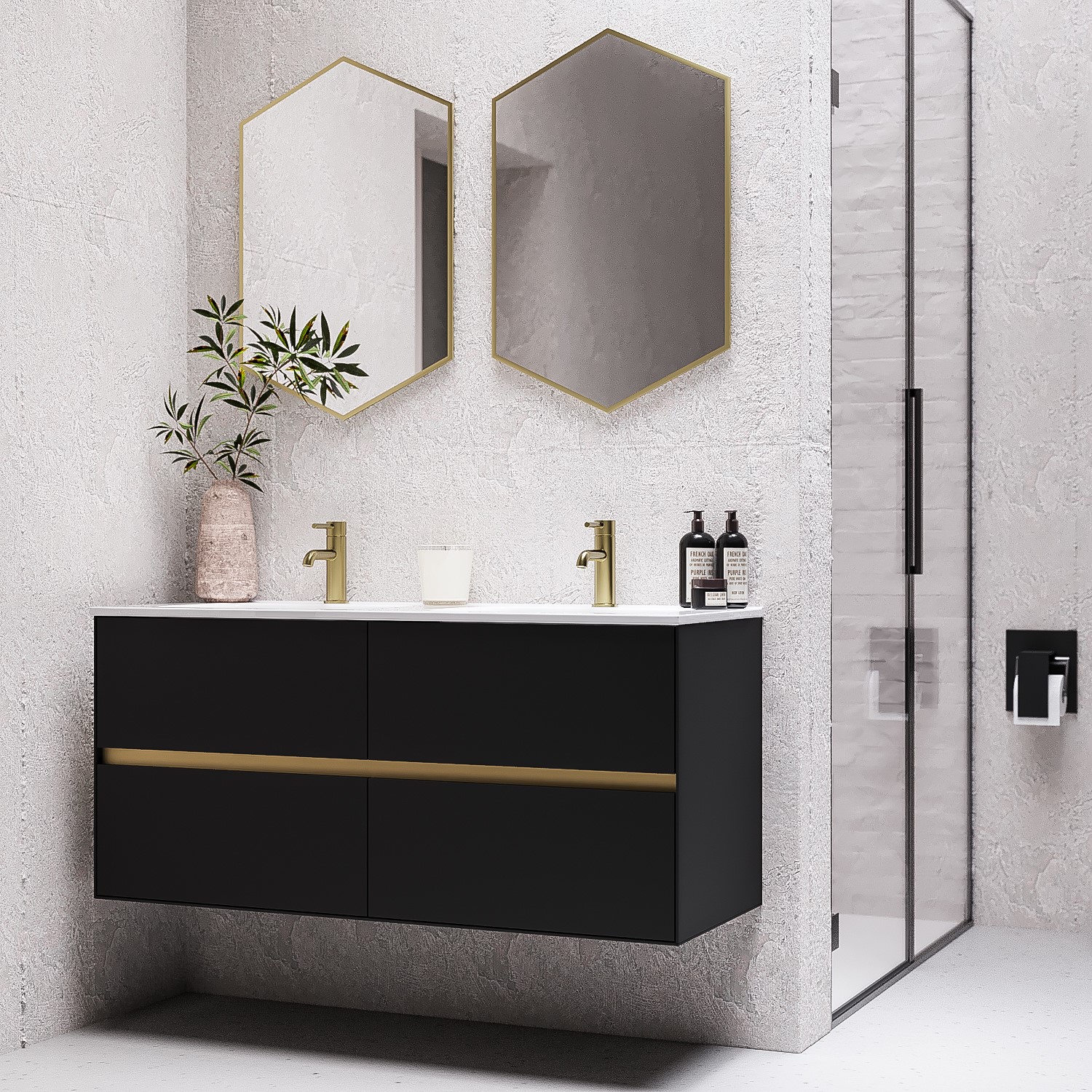 1200mm Black Wall Hung Double Vanity Unit with Basin - Roxbi