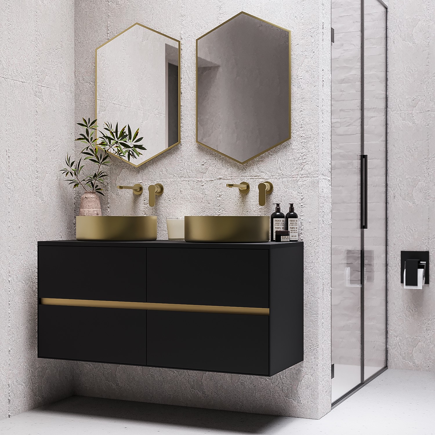 1200mm Black Wall Hung Double Countertop Vanity Unit with Basin - Roxbi