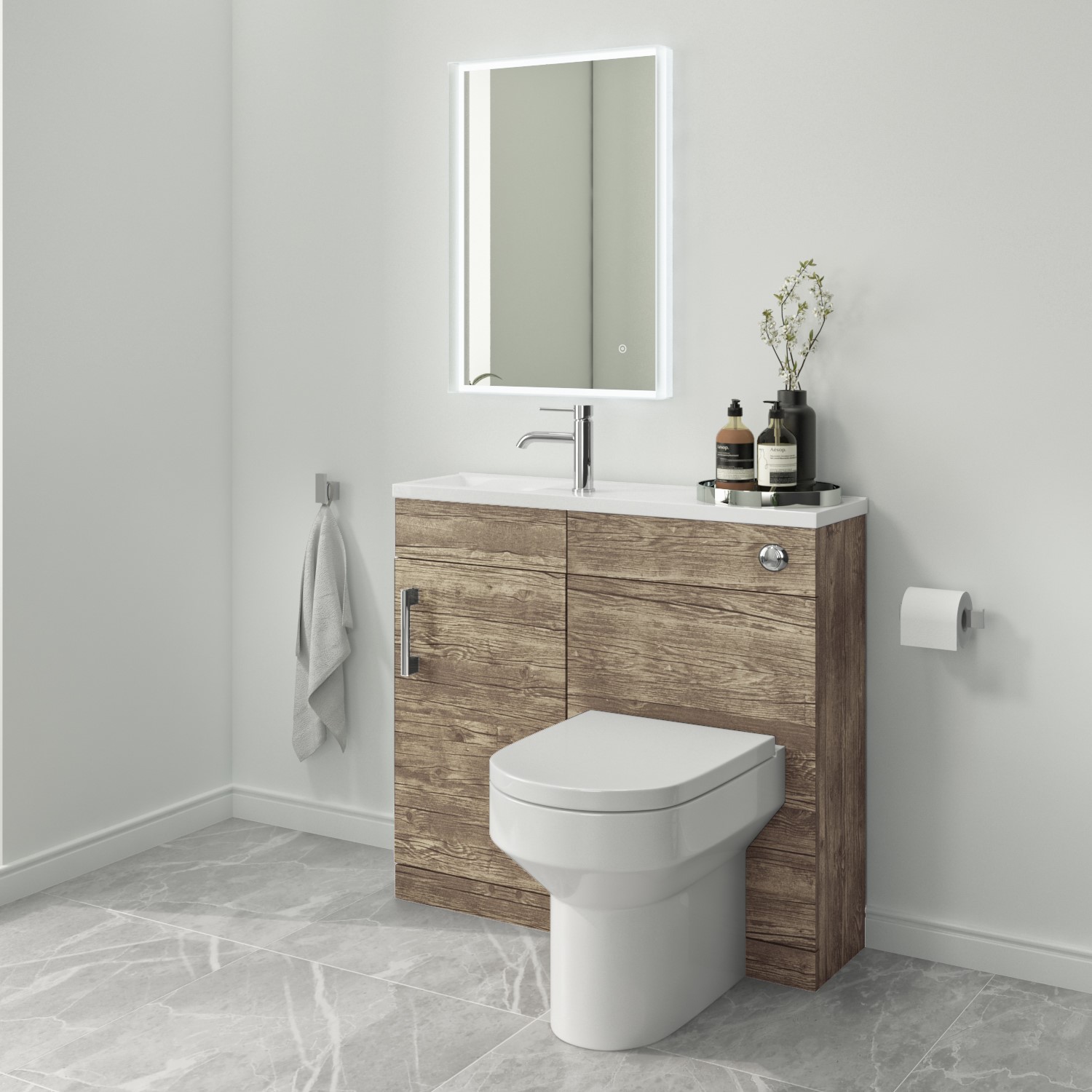 900mm Wood Effect Cloakroom Toilet and Sink Unit with Chrome Fittings - Ashford