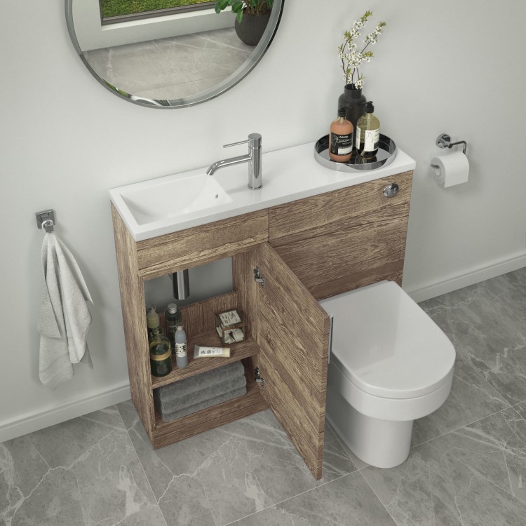 900mm Wood Effect Cloakroom Toilet and Sink Unit only with Chrome Fittings - Ashford