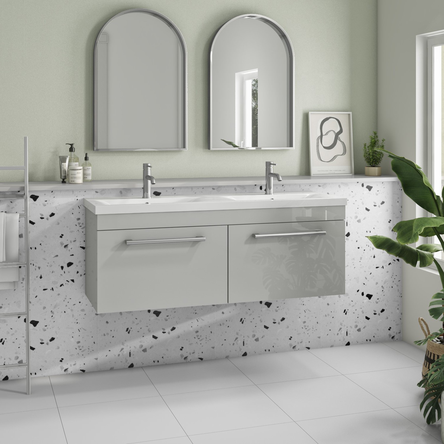1200mm Grey Wall Hung Double Vanity Unit with Basin and Chrome Handles - Ashford