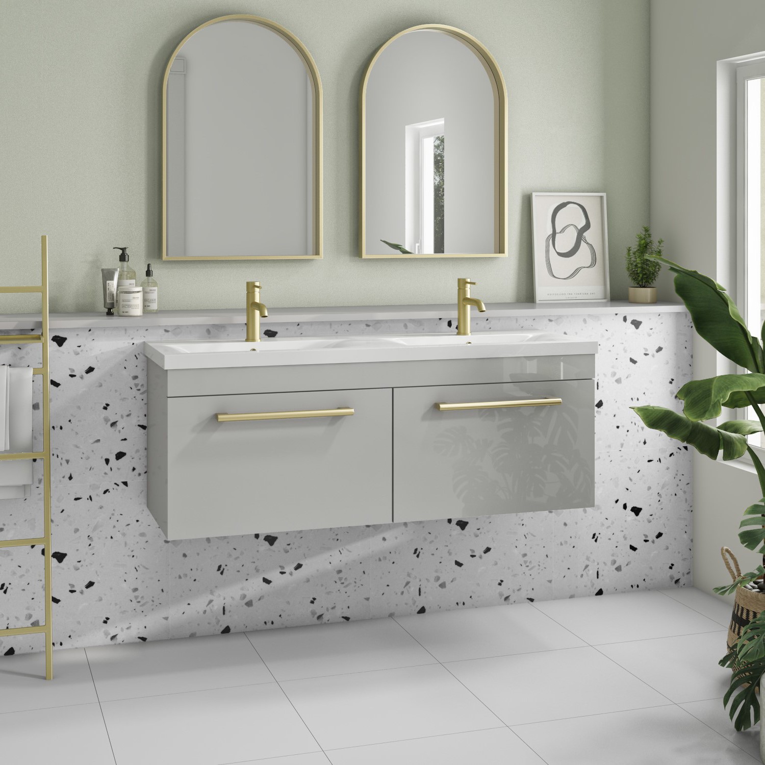 1200mm Grey Wall Hung Double Vanity Unit with Basin and Brushed Brass Handles - Ashford