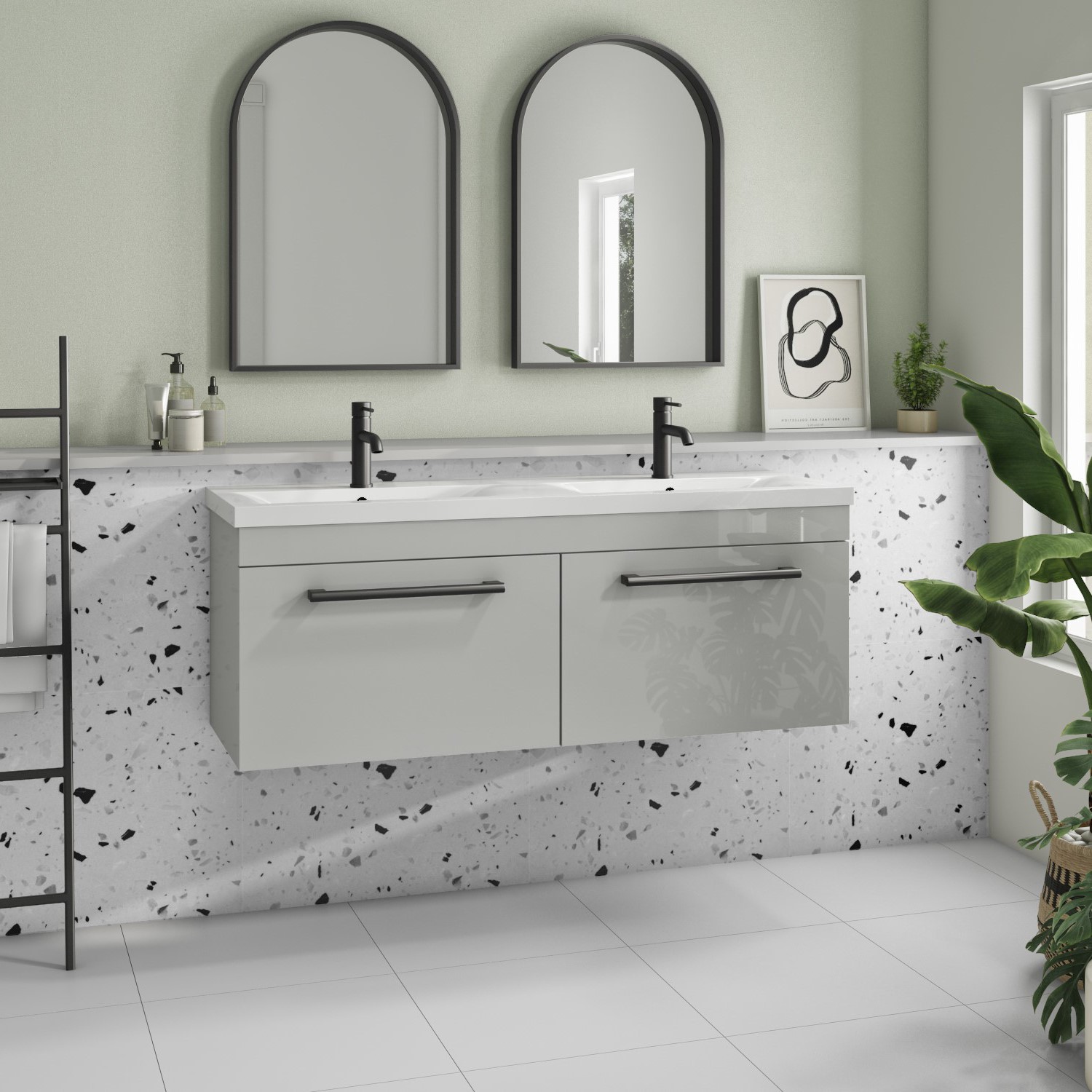 1200mm Grey Wall Hung Double Vanity Unit with Basin and Black Handles - Ashford