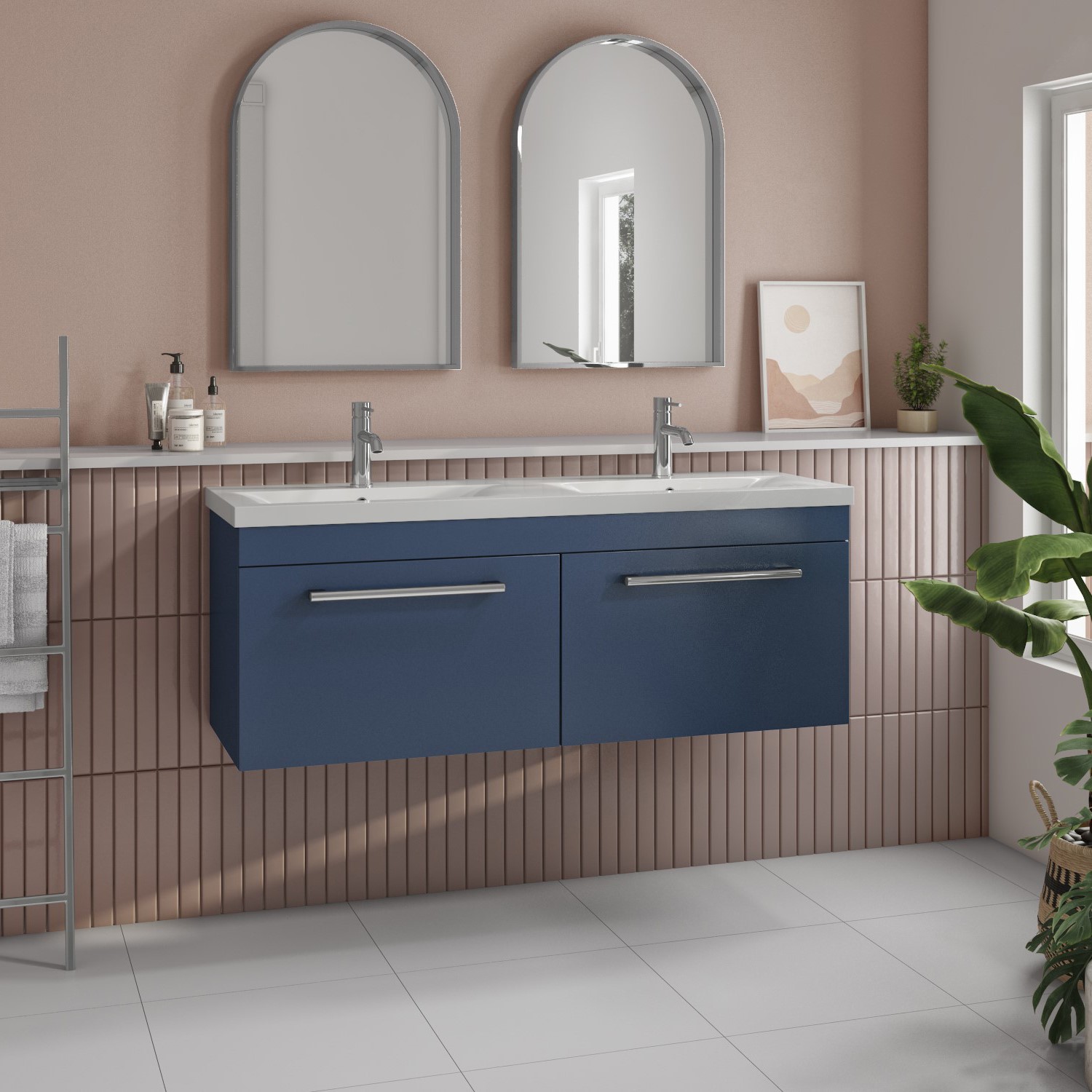 1200mm Blue Wall Hung Double Vanity Unit with Basin and Chrome Handles - Ashford
