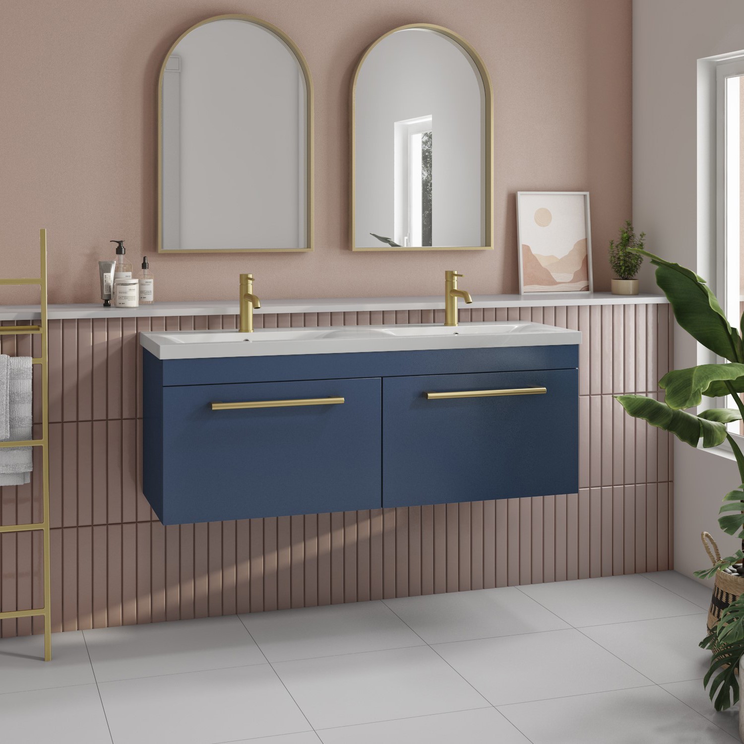 1200mm Blue Wall Hung Double Vanity Unit with Basin and Brushed Brass Handles - Ashford