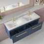 1200mm Blue Wall Hung Double Vanity Unit with Basins and Brass Handles - Ashford 