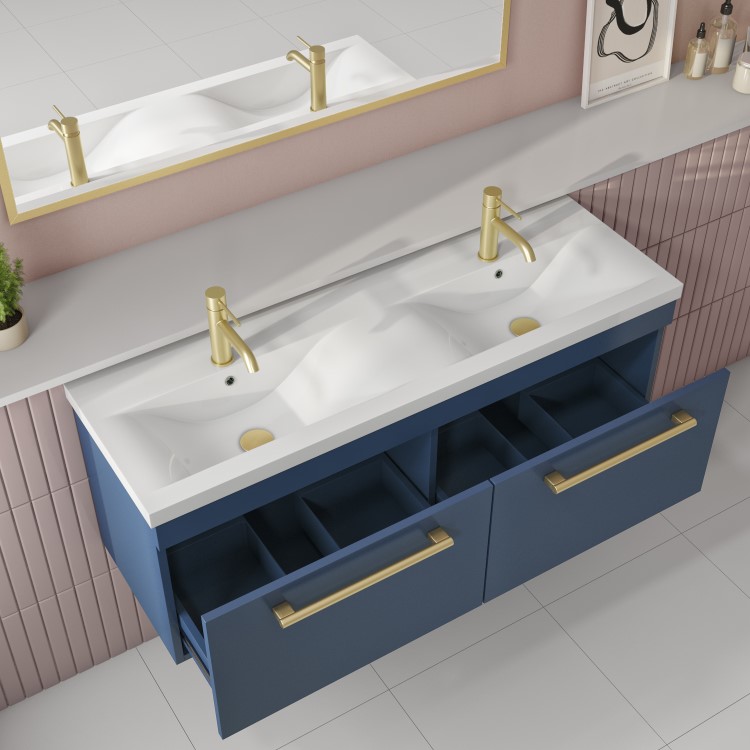 1200mm Blue Wall Hung Double Vanity Unit with Basins and Brass Handles - Ashford 