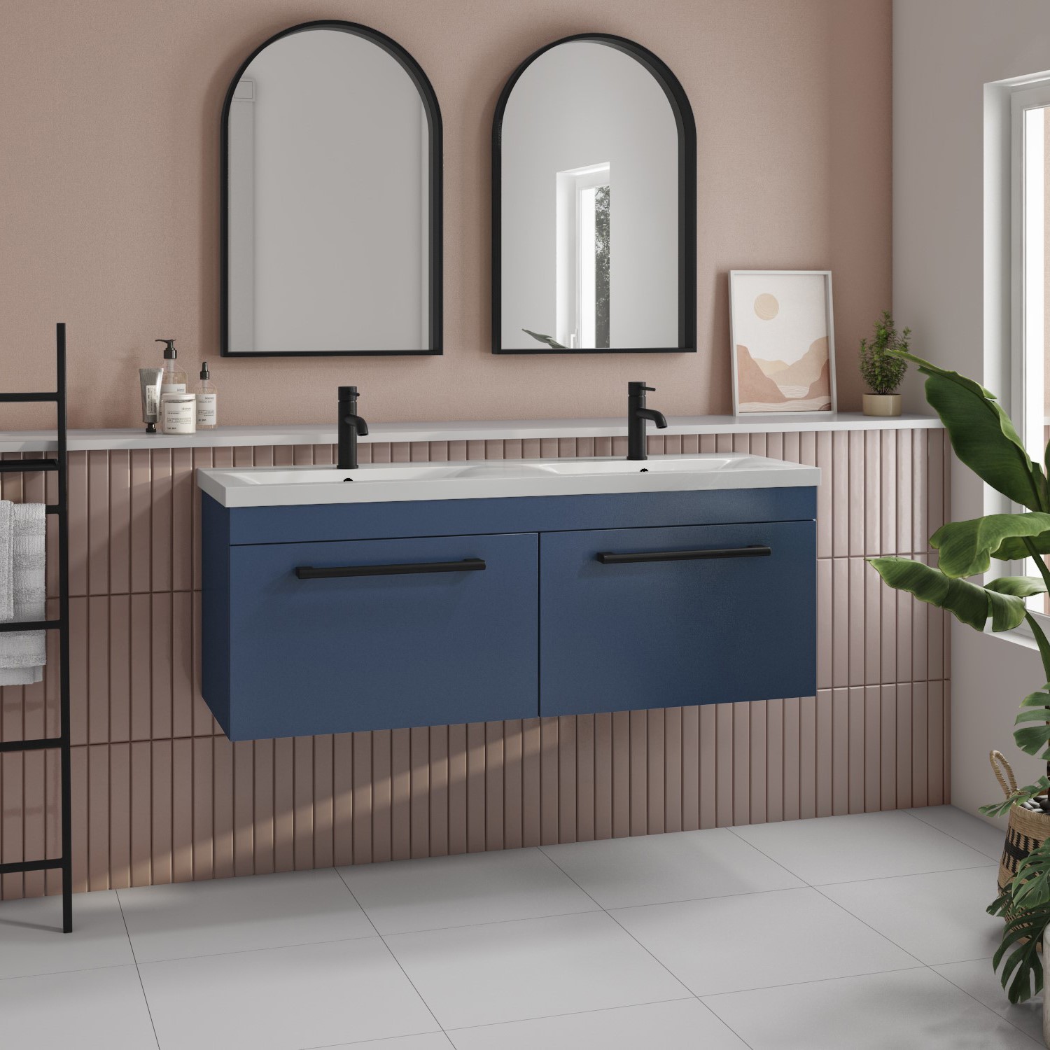 1200mm Blue Wall Hung Double Vanity Unit with Basin and Matt Black Handles - Ashford