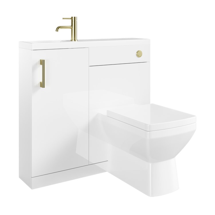 900mm White Cloakroom Toilet and Sink Unit with Square Toilet and Brass Fittings - Ashford