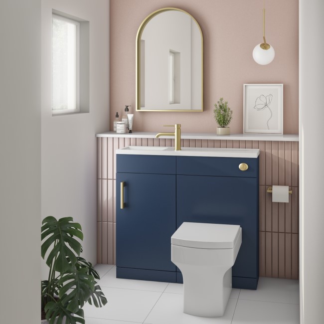 900mm Blue Cloakroom Toilet and Sink Unit with Square Toilet and Brass Fittings - Ashford