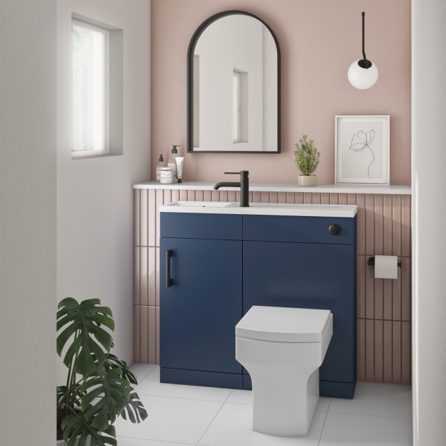 900mm Blue Cloakroom Toilet and Sink Unit with Square Toilet and Black Fittings - Ashford
