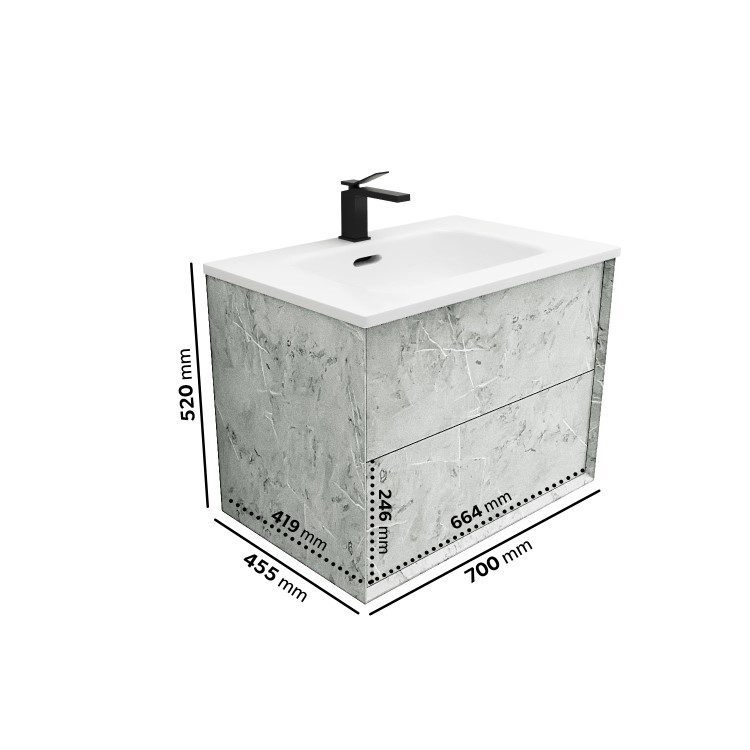 700mm Concrete Effect Wall Hung Basin Vanity Unit with Cabinet and Mirror - Arragon