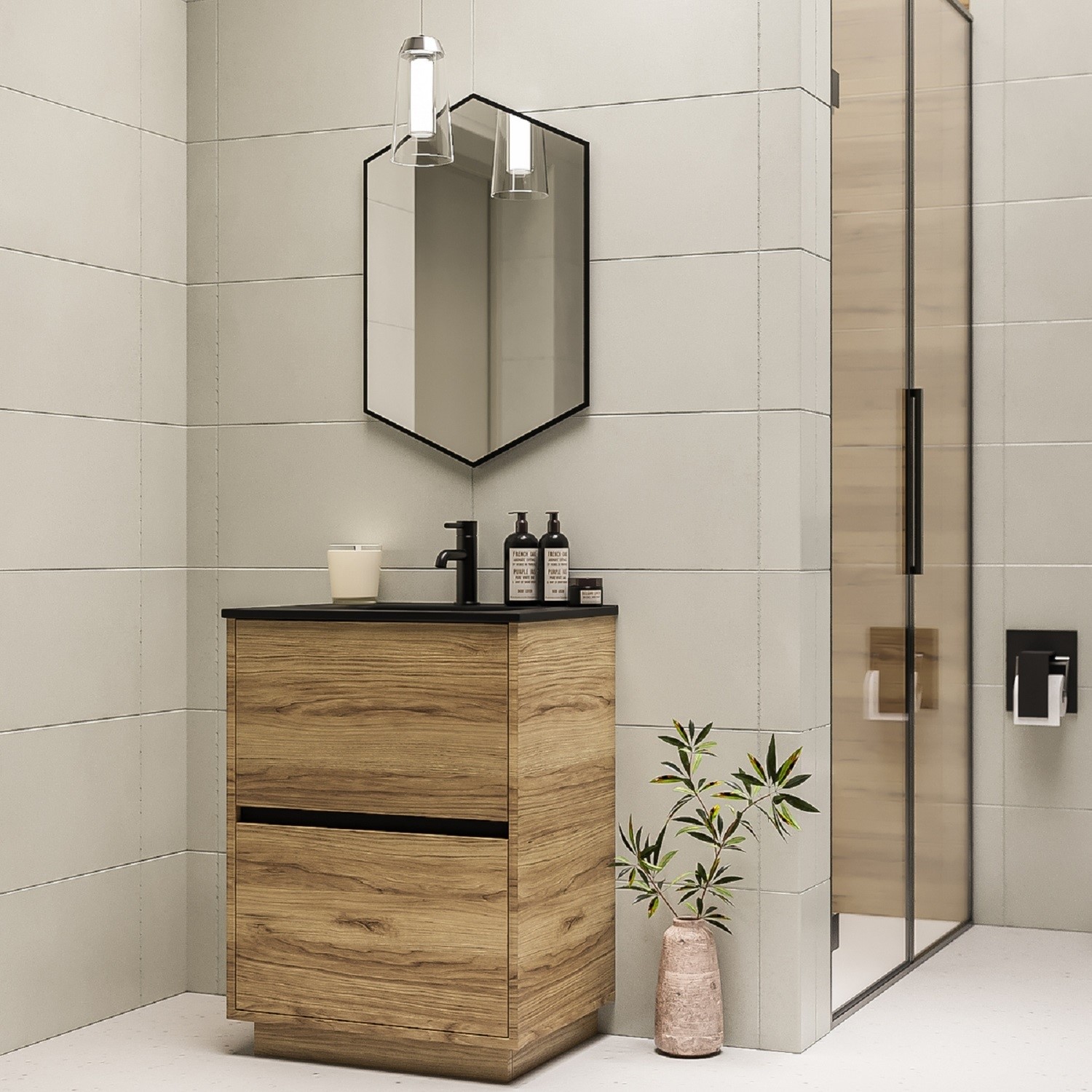 600mm Wood Effect Freestanding Vanity Unit with Matt Black Basin - Roxbi