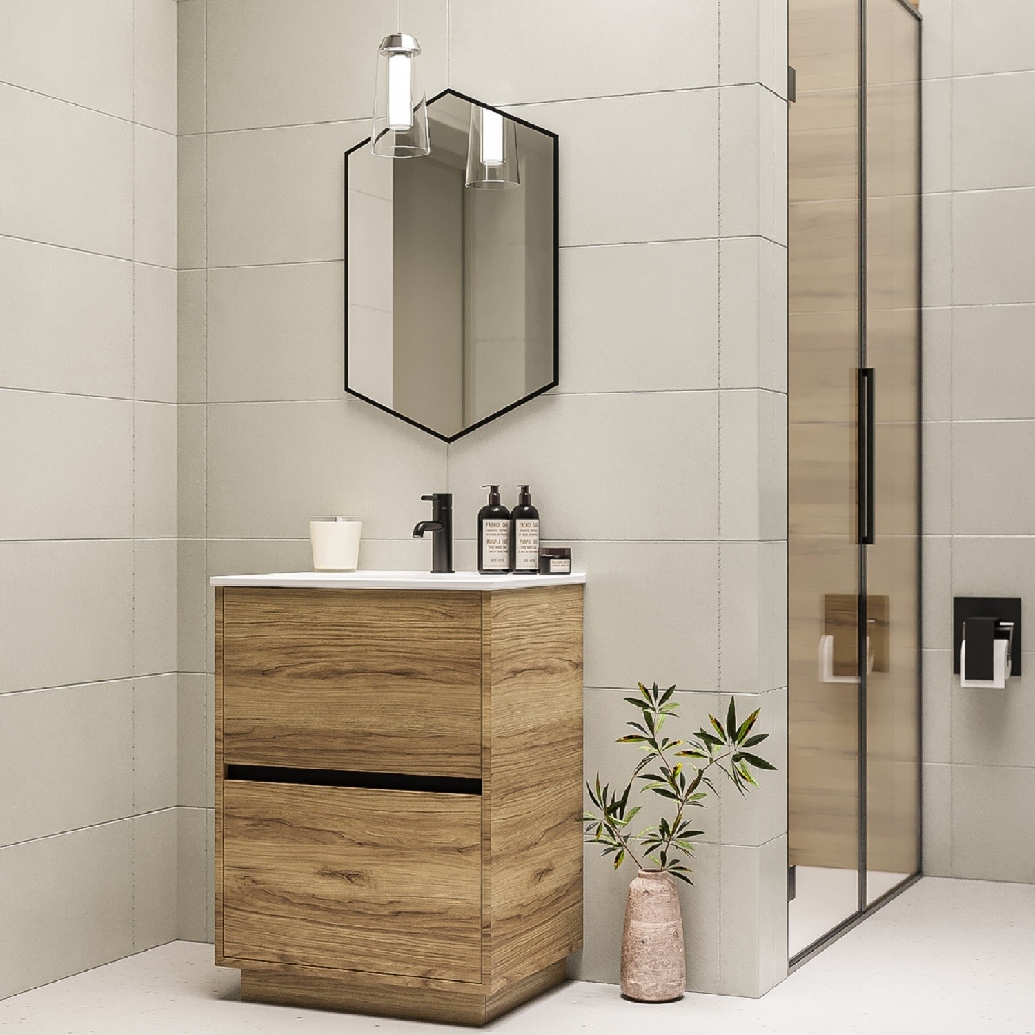 600mm Wood Effect Freestanding Vanity Unit with Matt White Basin - Roxbi