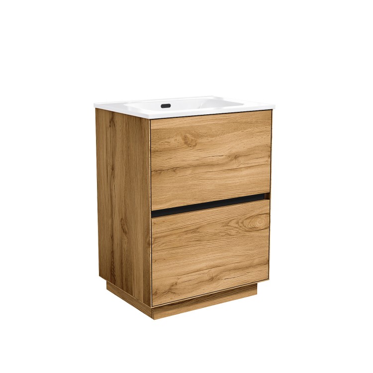 600mm Wood Effect Freestanding Vanity Unit with Matt White Basin - Roxbi