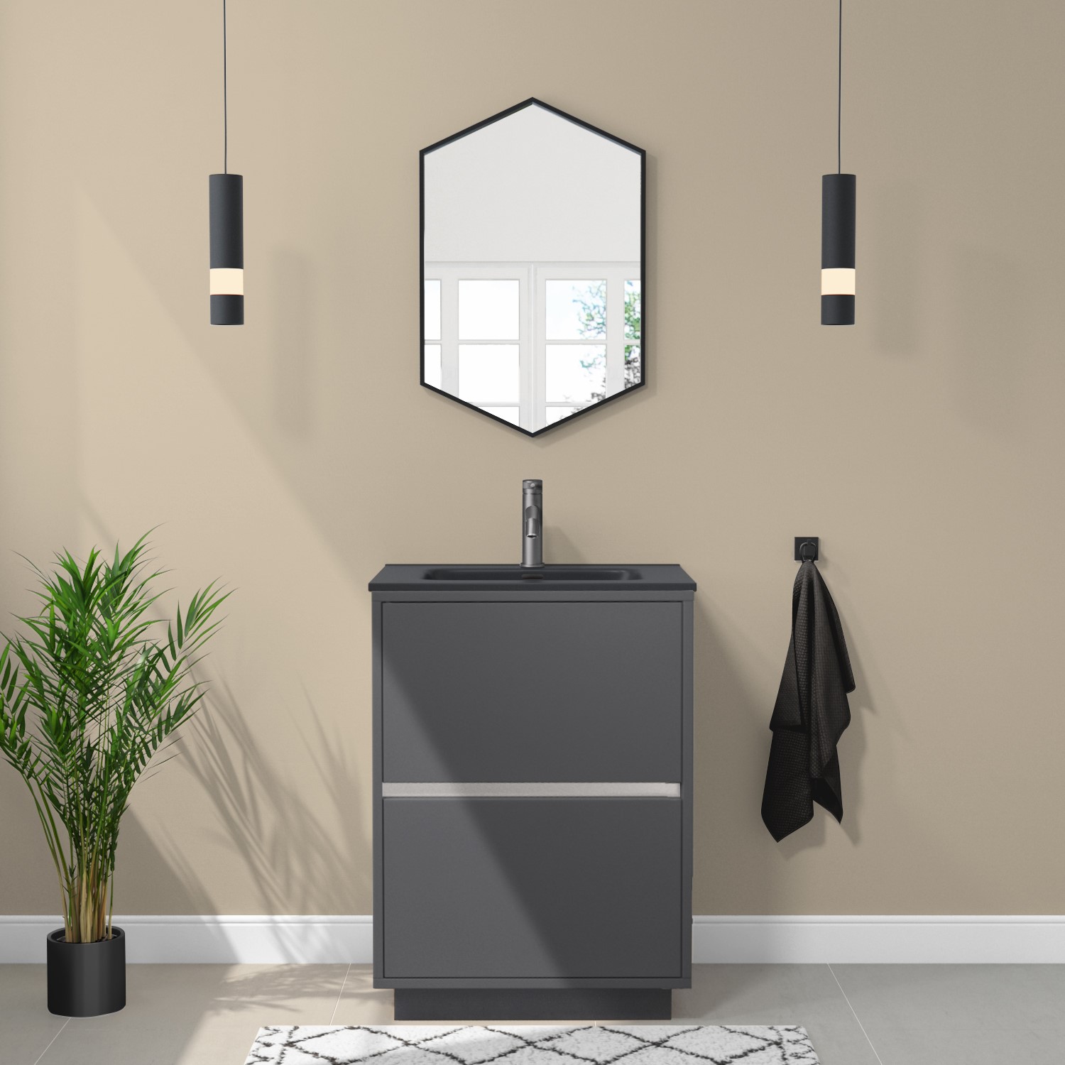 600mm Grey Freestanding Vanity Unit with Matt Black Basin - Roxbi