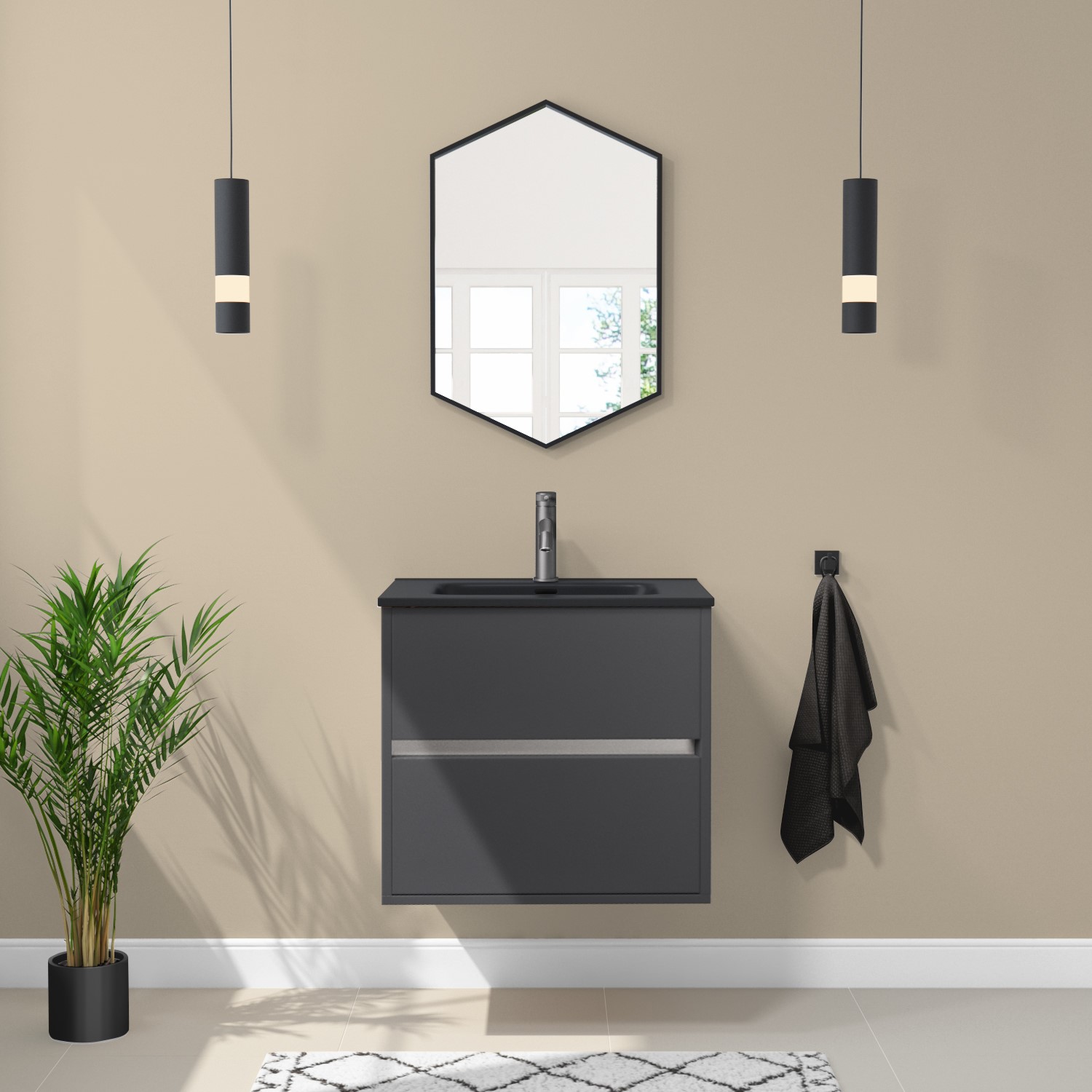 600mm Grey Wall Hung Vanity Unit with Matt Black Basin - Roxbi