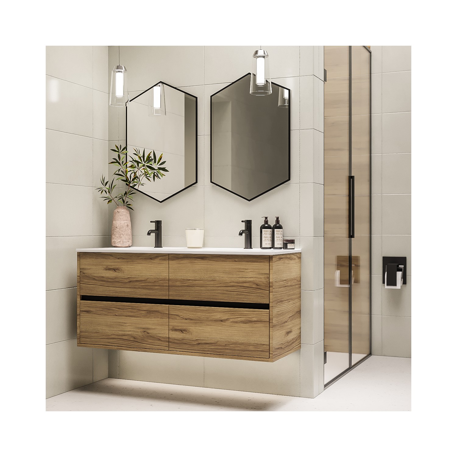 1200mm Wood Effect Wall Hung Double Vanity Unit with Basins Roxbi
