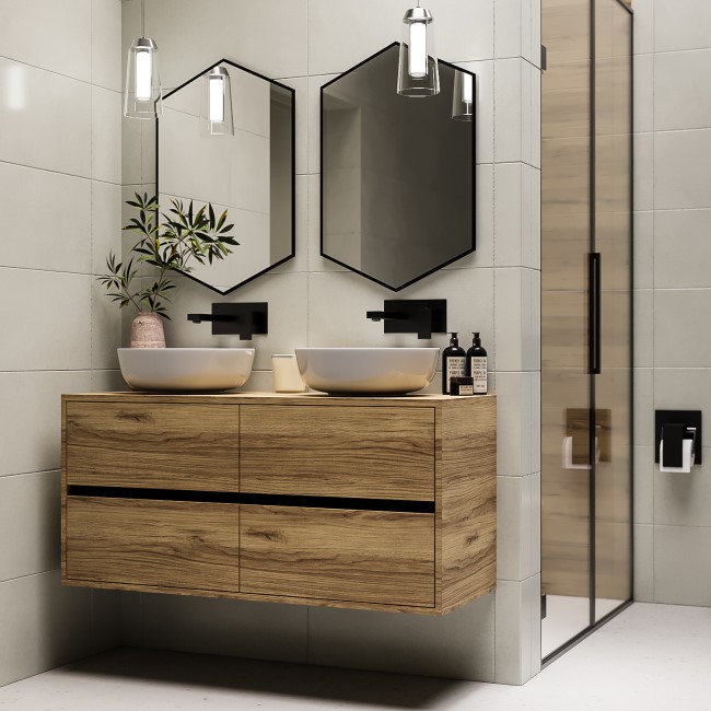 1200mm Wood Effect Wall Hung Double Countertop Vanity Unit with Basin - Roxbi