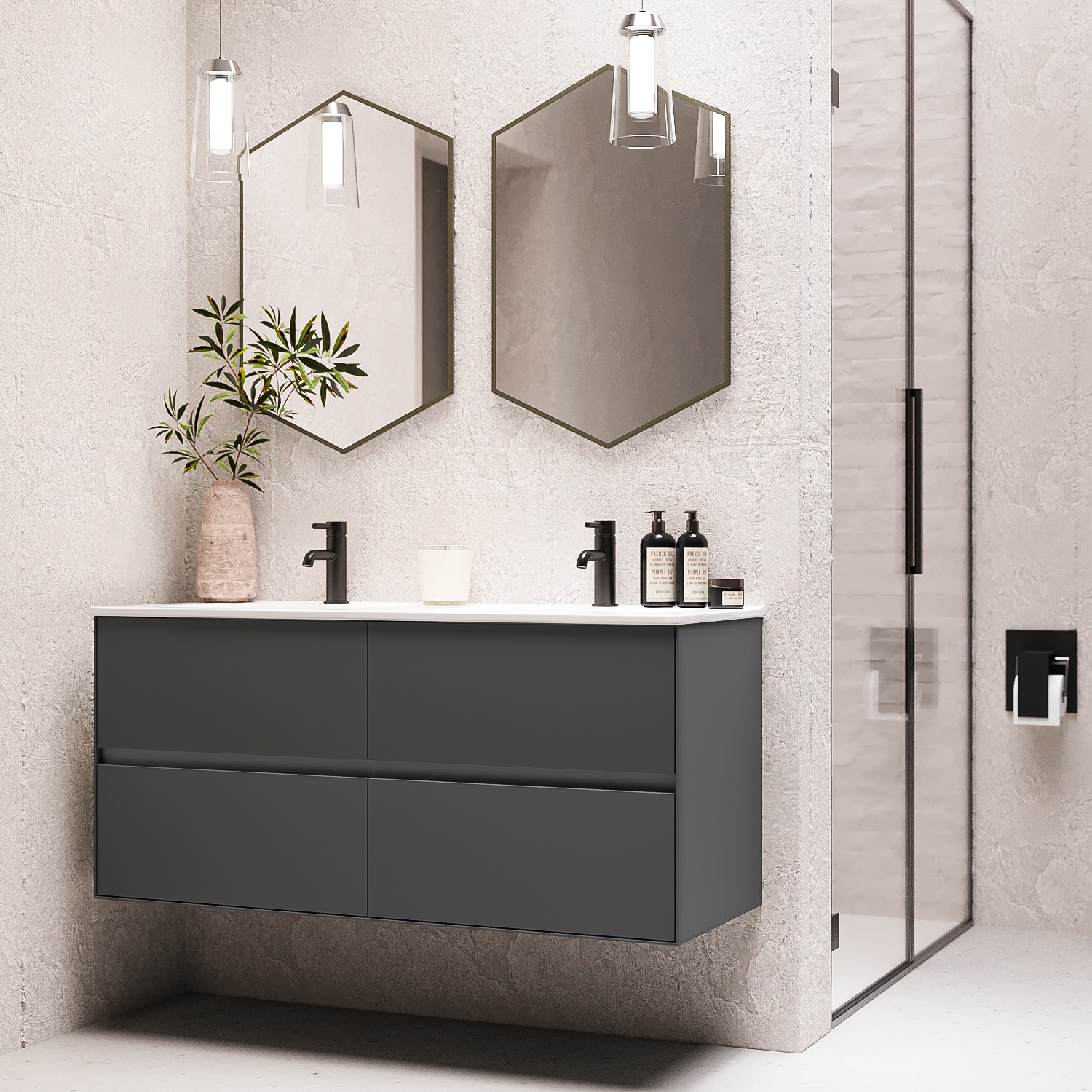 1200mm Grey Wall Hung Double Vanity Unit with Basin - Roxbi
