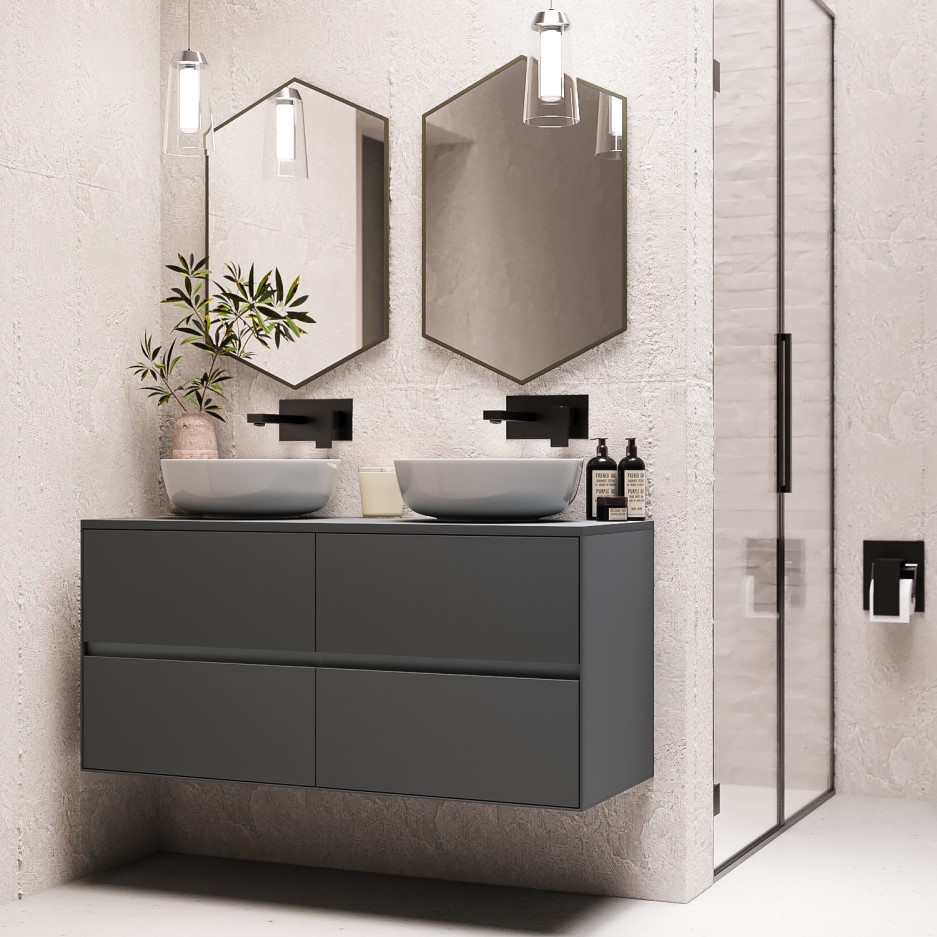 1200mm Grey Wall Hung Double Countertop Vanity Unit with Basin Roxbi