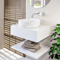 White Wall Hung Vanity Unit with Marble Effect Basin and Wall Mounted Marble Handle Tap - Lorano White Wall Hung Vanity Unit with Marble Effect Basin and Wall Mounted Marble Handle Tap - Lorano