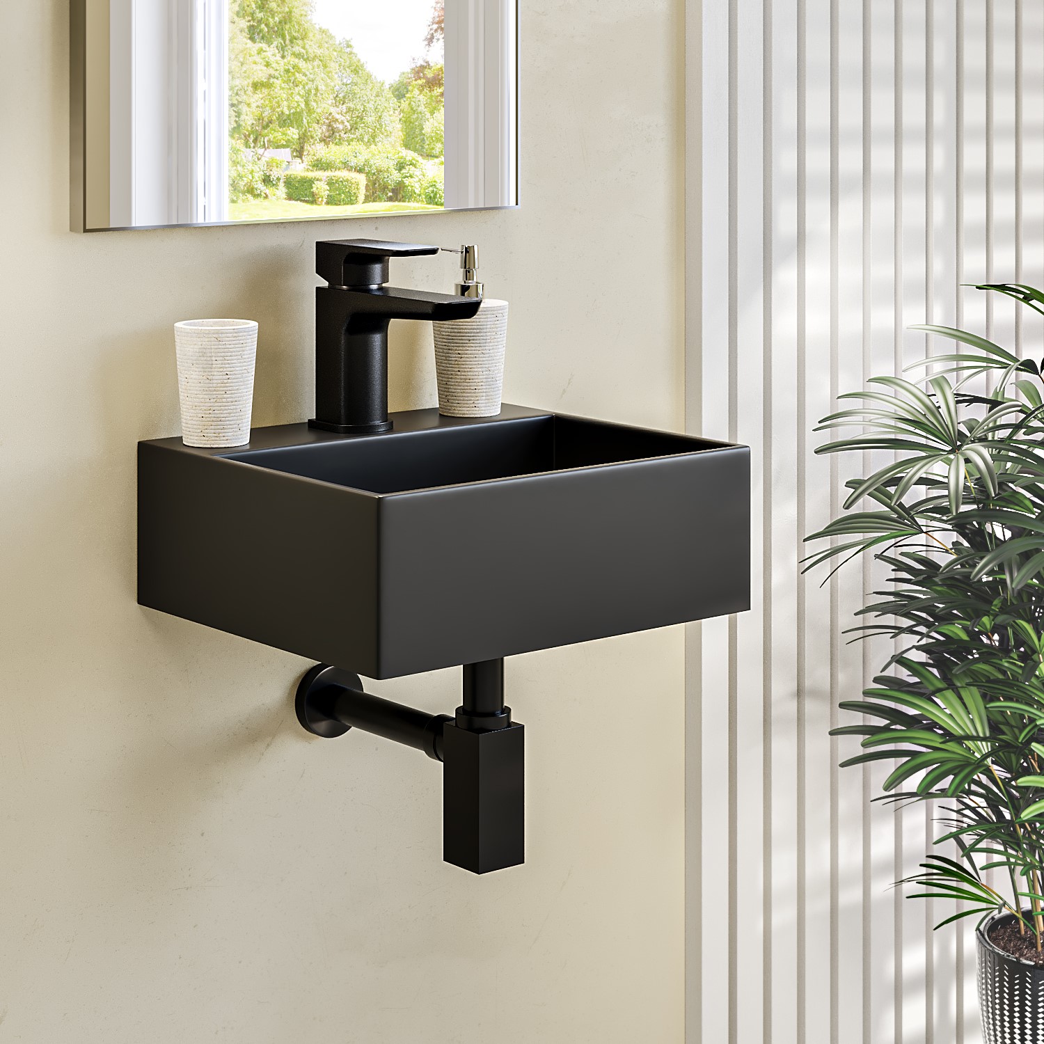 Black Wall Hung Cloakroom Basin with Waste 330mm - Houston