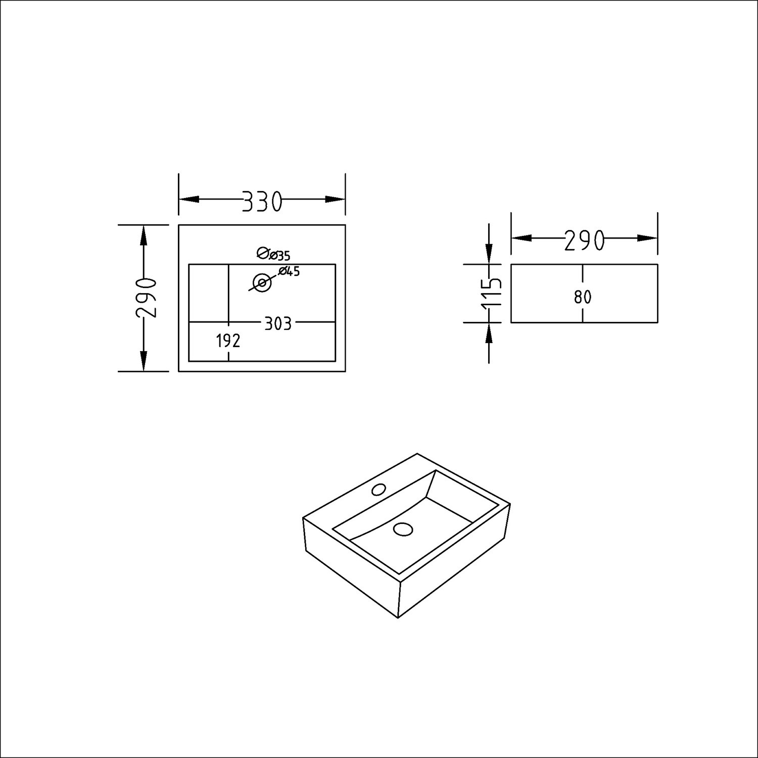 Black Wall Hung Cloakroom Basin 330mm - Houston