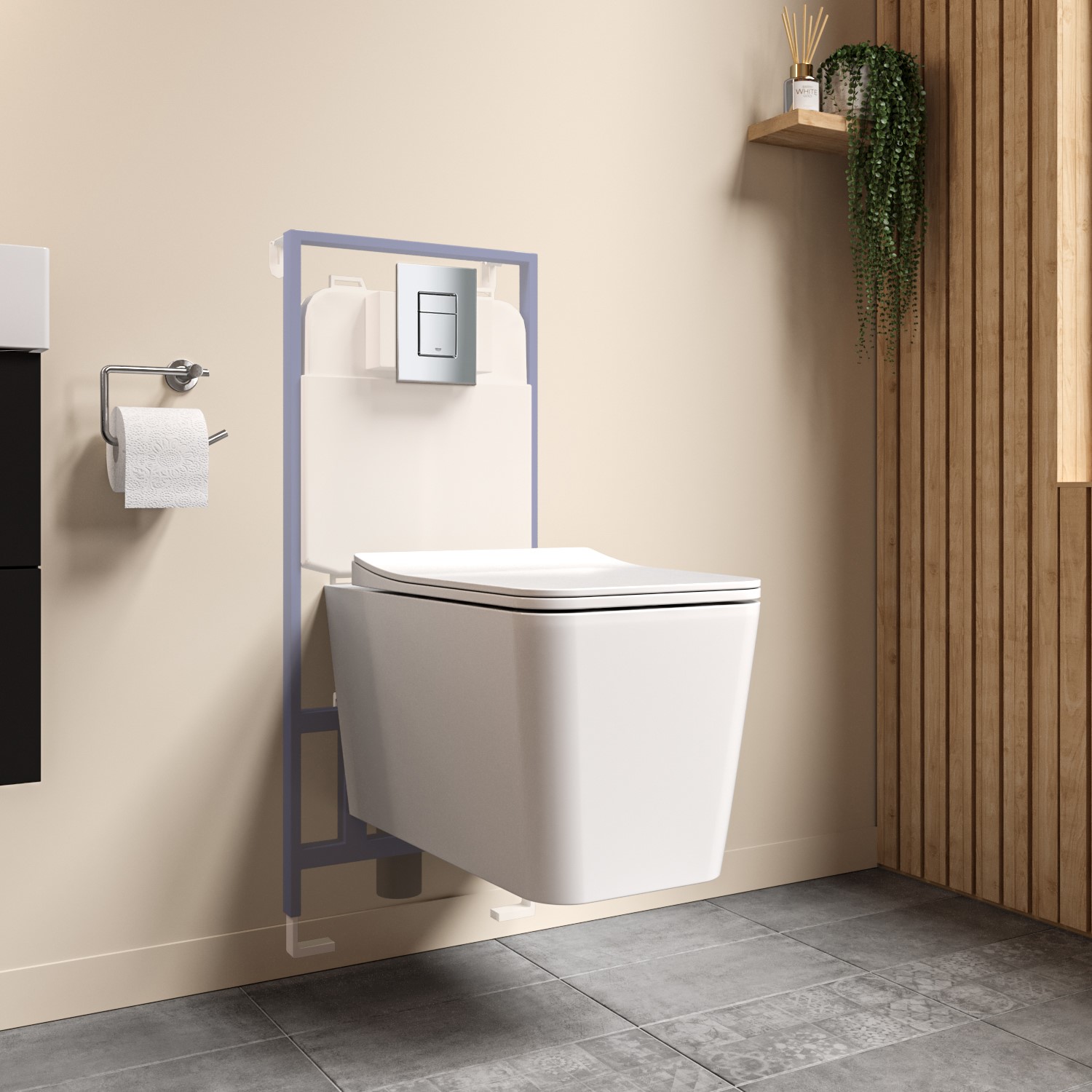 White Wall Hung Toilet with Soft Close Seat Frame Cistern and Chrome Flush - Augusta