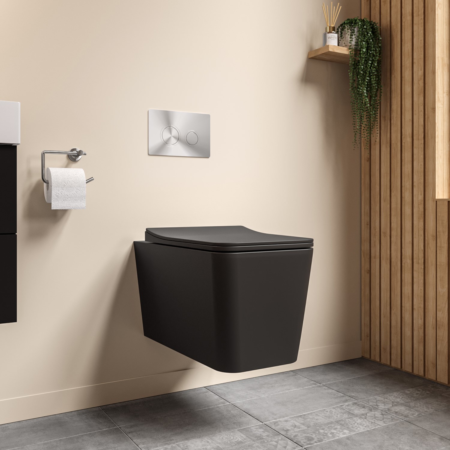 Black Wall Hung Rimless Toilet and Soft Close Seat - Augusta