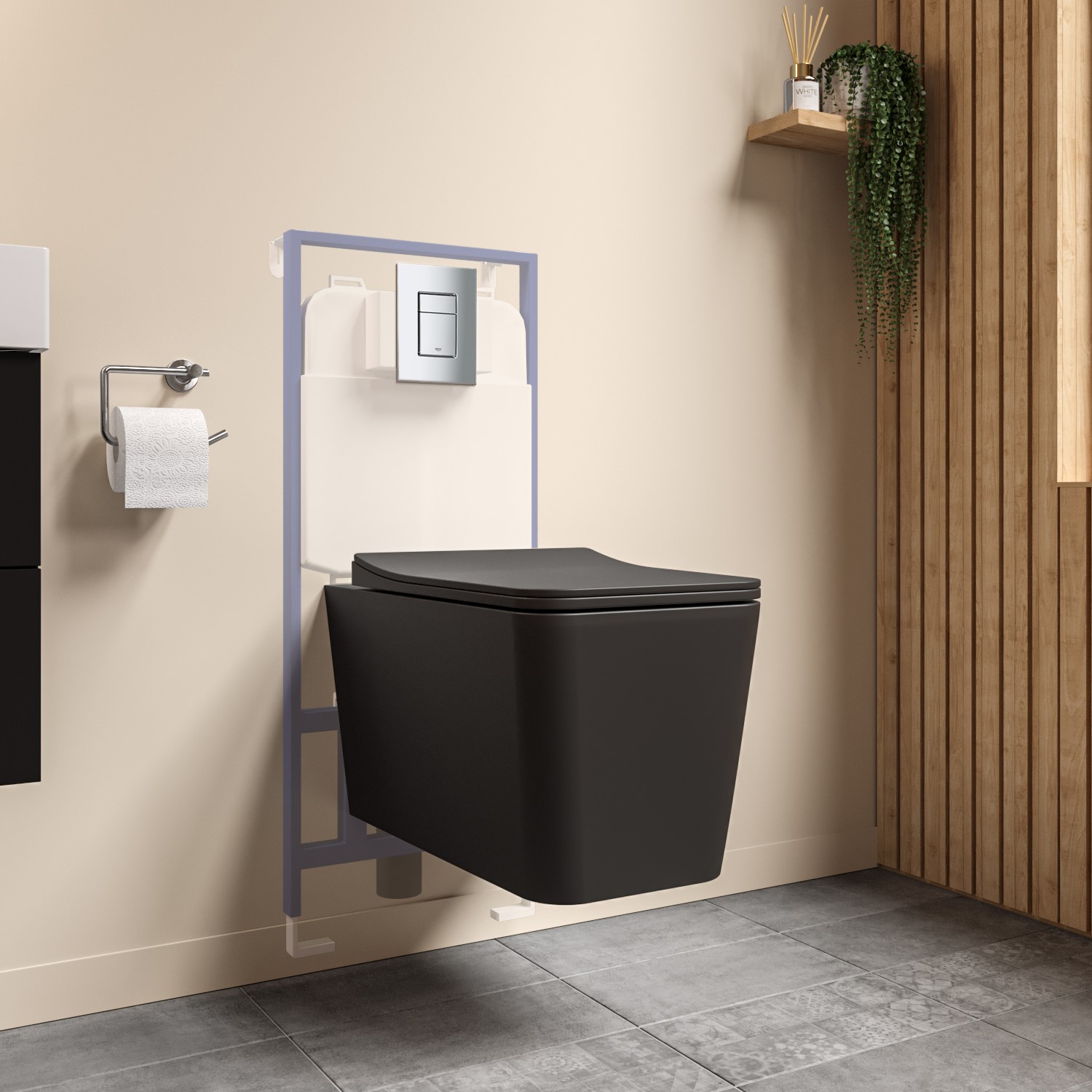 Black Wall Hung Toilet with Soft Close Seat Frame Cistern and Chrome Flush - Augusta
