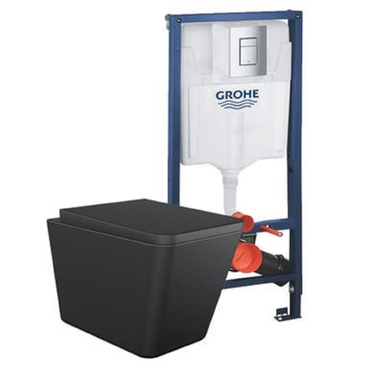 Black Wall Hung Toilet with Soft Close Seat Frame Cistern and Chrome Flush - Augusta