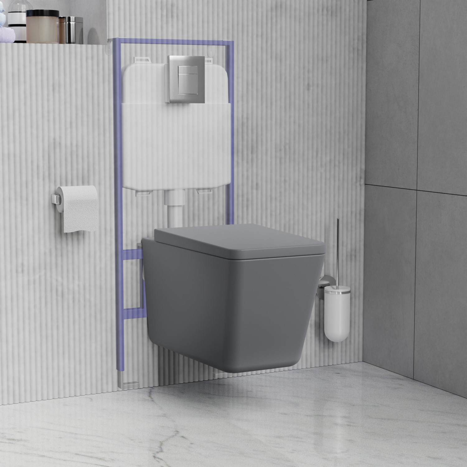 Grey Wall Hung Toilet with Soft Close Seat Frame Cistern and Chrome Flush - Augusta