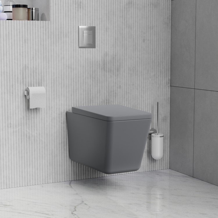 Grey Wall Hung Toilet with Soft Close Seat Frame Cistern and Chrome Flush - Augusta