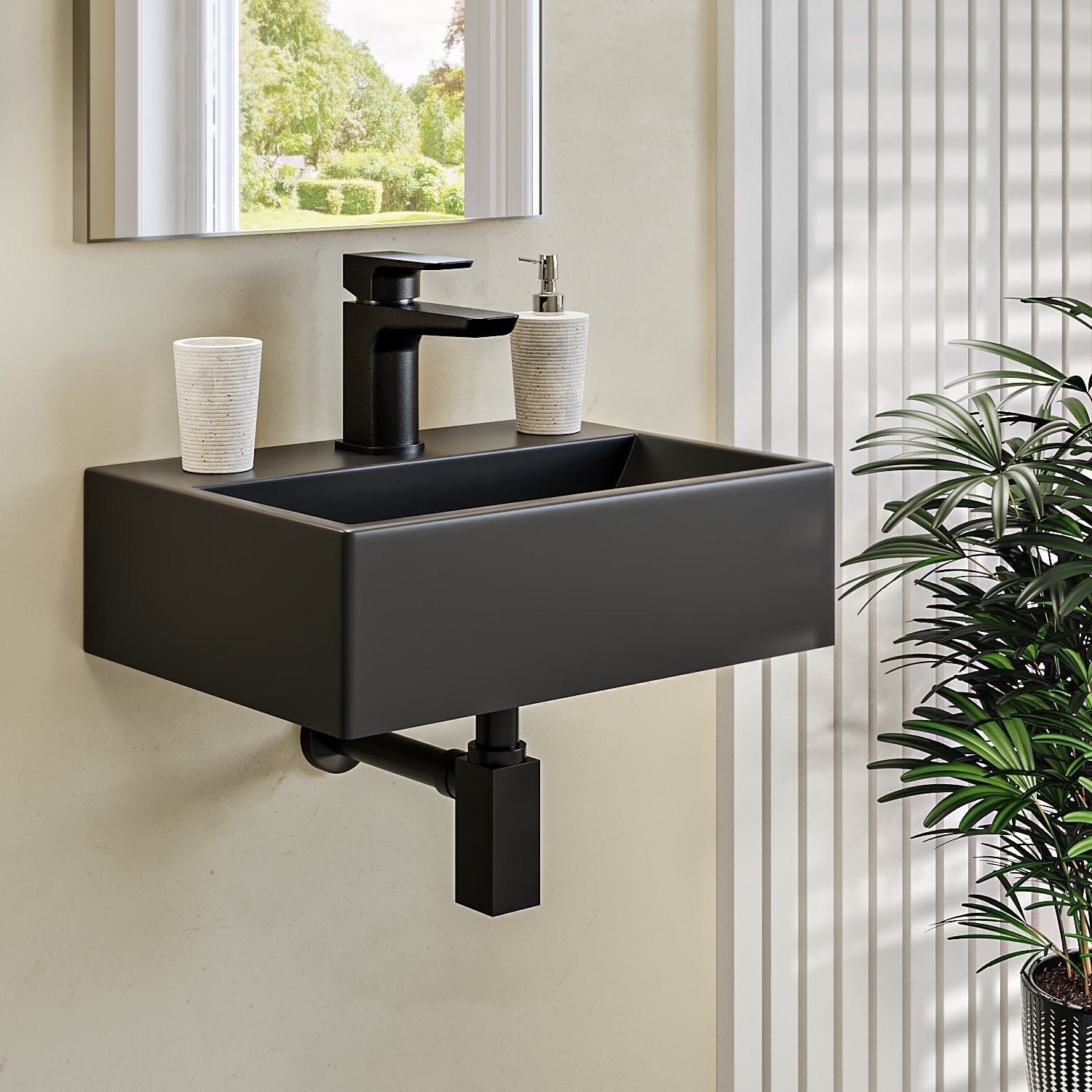 Black Wall Hung Cloakroom Basin with Waste 405mm - Houston