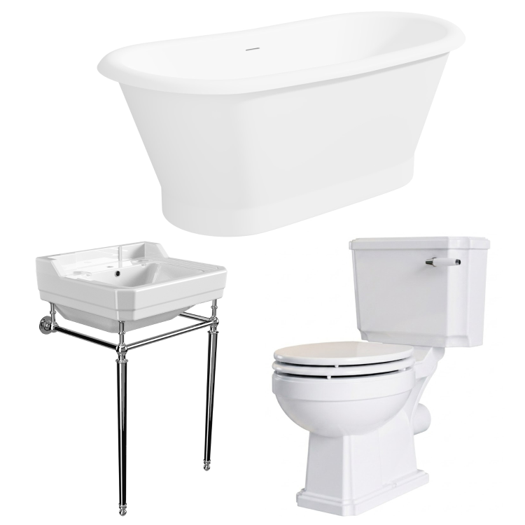 Traditional Freestanding Bath Suite with Toilet & Chrome Wash Stand with Basin - Helmsley