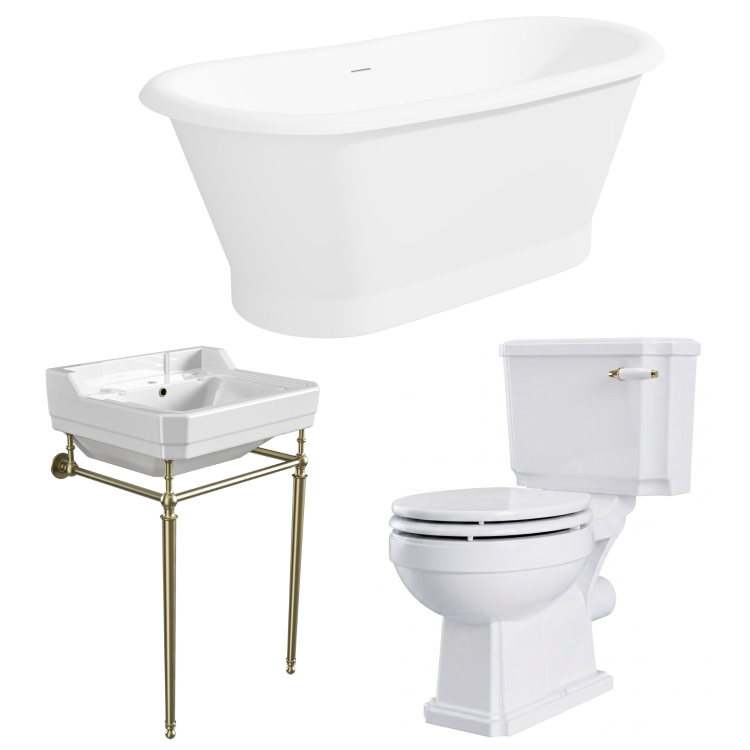 Traditional Freestanding Bath Suite with Toilet & Brass Wash Stand with Basin - Helmsley