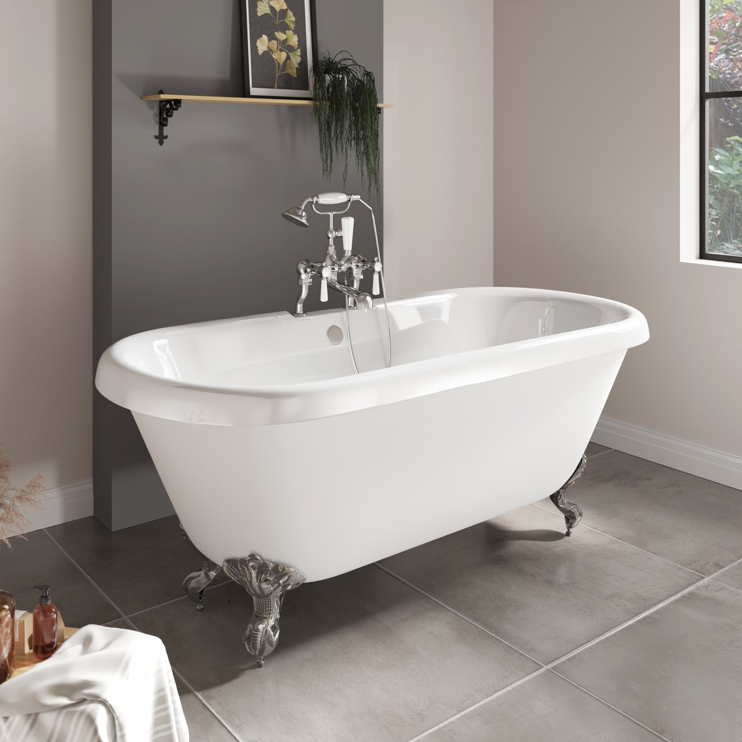 Paintable Freestanding Double Ended Roll Top Bath with Chrome Feet 1515 x 740mm - Park Royal
